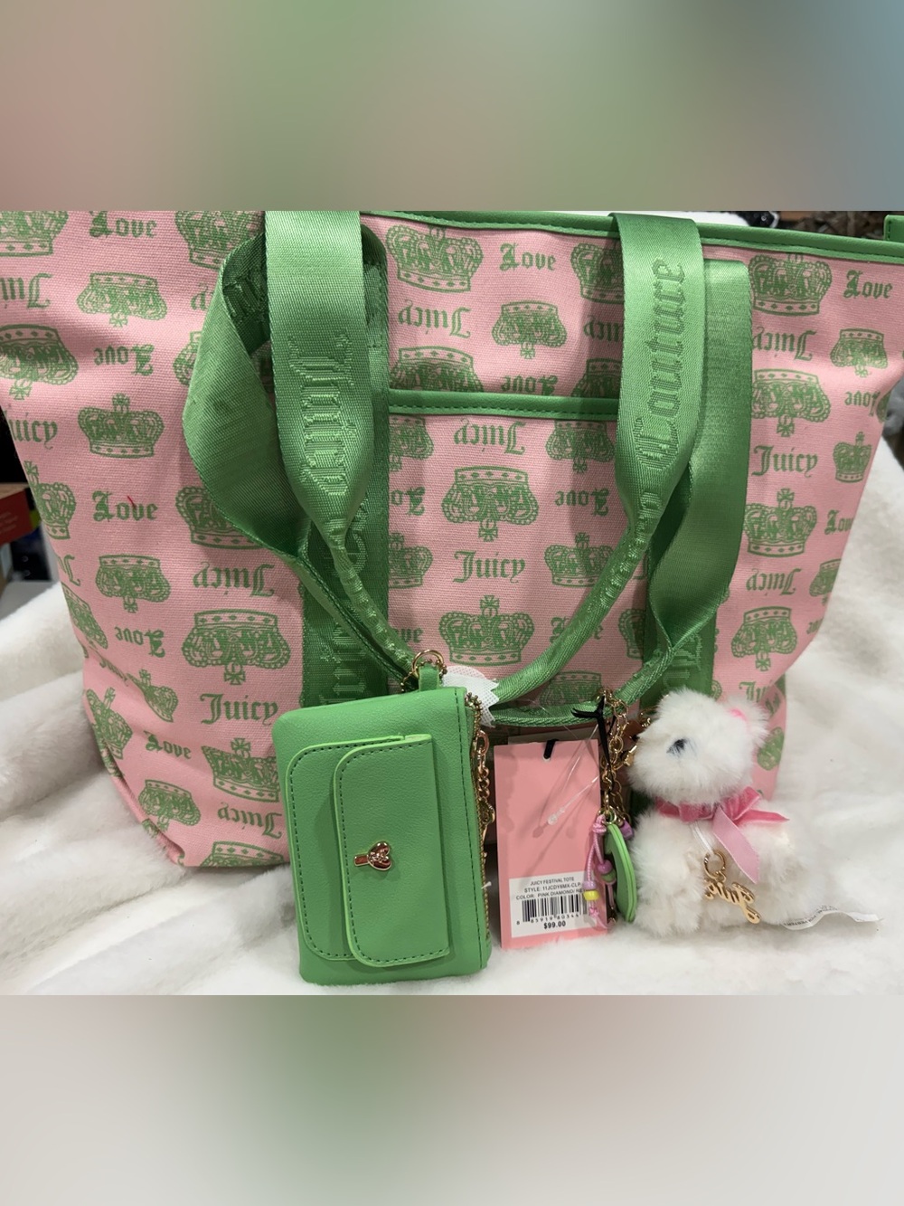 NWT- Juicy Couture Pink Tote with Green Trim and Matching Accessoriest